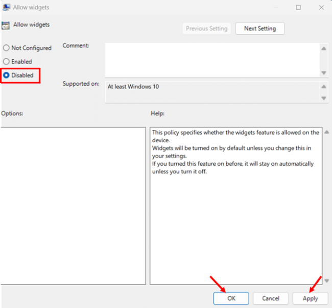Disable Widgets via Group Policy Editor step 4