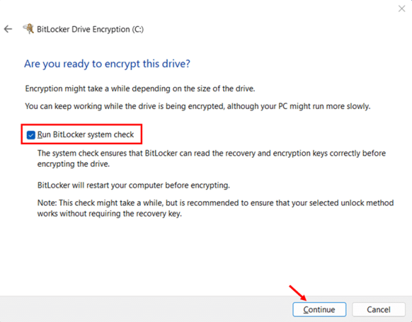 Enable BitLocker on OS Drive via Control Panel step 8