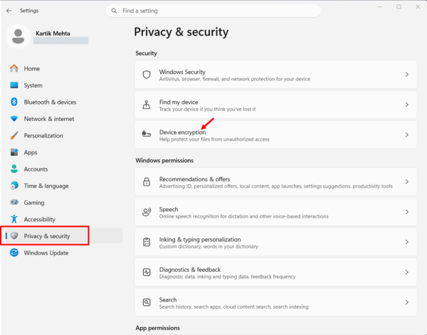 Enable Device Encryption via Settings on Windows 11 Home step 1, 2 and 3