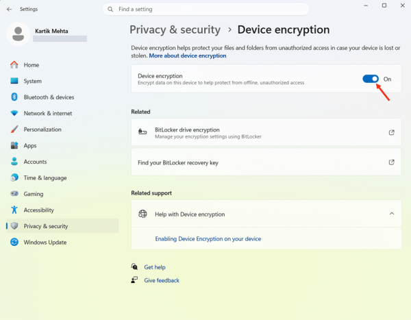 Enable Device Encryption via Settings on Windows 11 Home step 4