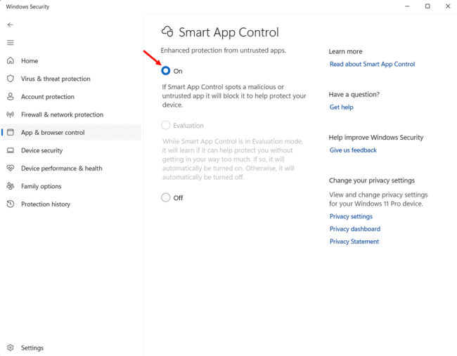 Enable Smart App Control via Windows Security step 5