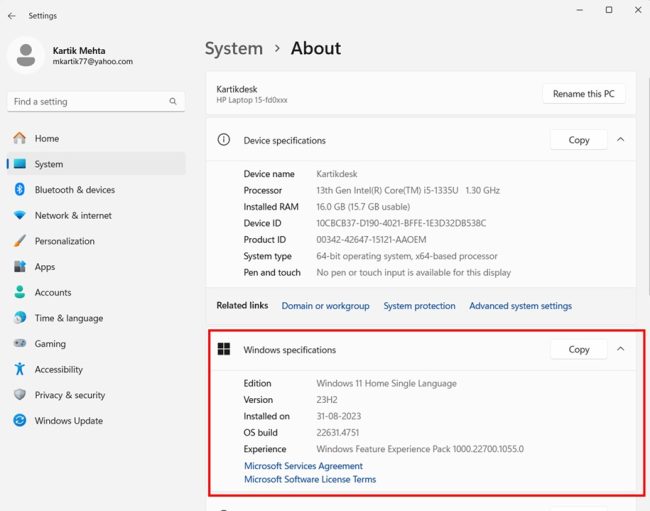 Examining Windows Specifications in Windows 11 Setting App step 1