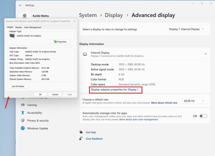 Exploring Display Adapter Properties in Setting App step 3