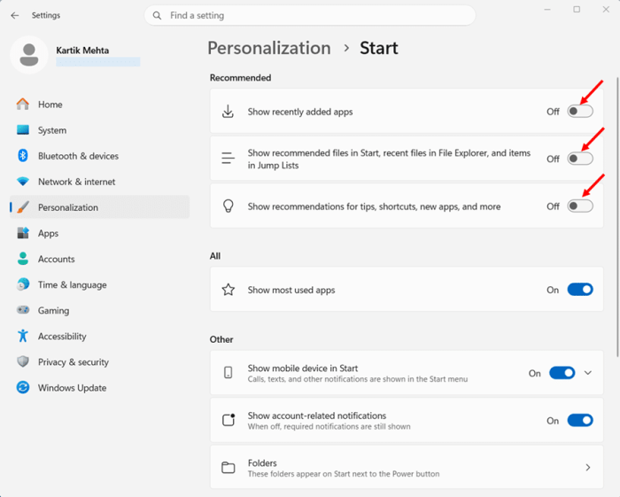 Hide the Recommended Section Completely step 3, 4 and 5