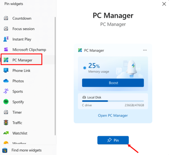 How to Add Widgets to the Widgets Board from Pin Widgets Window step 4 and 5