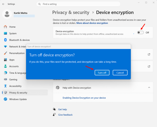 How to Turn Off BitLocker via the Settings App (Toggle Switch) step 4 nd 5