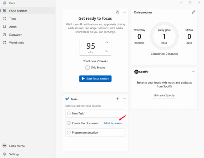 Link and Select Tasks Before a Session step 3
