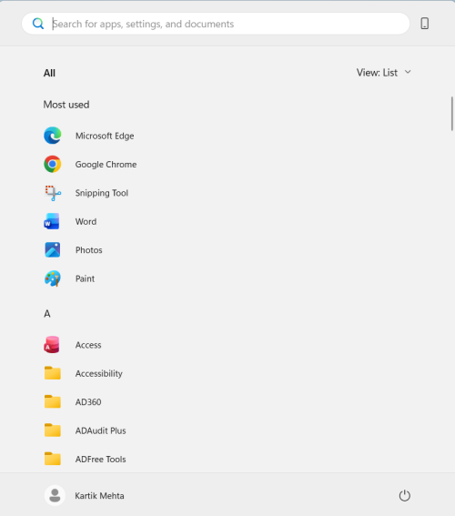 Start Menu List View