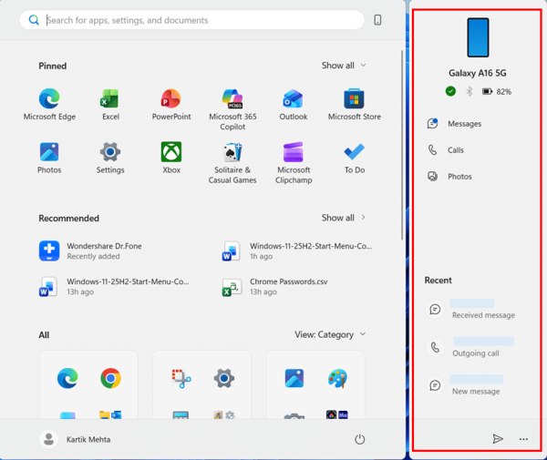 New Phone Link Panel Inside Start Menu