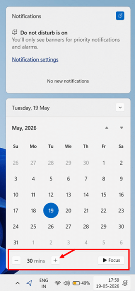 Open Focus Sessions in Windows 11 From Notification Center step 2 and 3