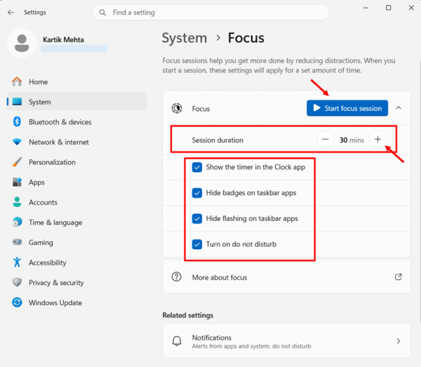 Open Focus Sessions in Windows 11 Through Settings step 4, 5 and 6
