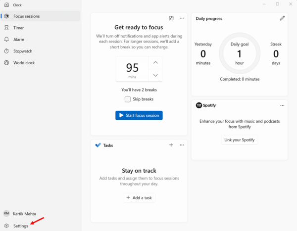 Open Focus Sessions settings in Clock step 2