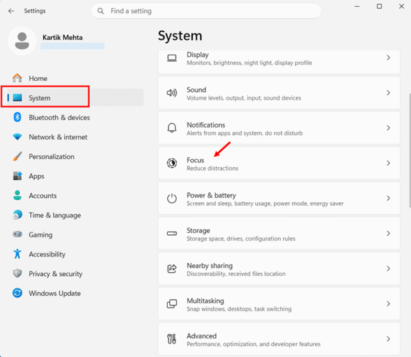Open Focus settings in Windows 11 Setting step 2