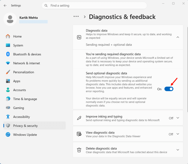 Optional Diagnostic Data is Enabled step 2