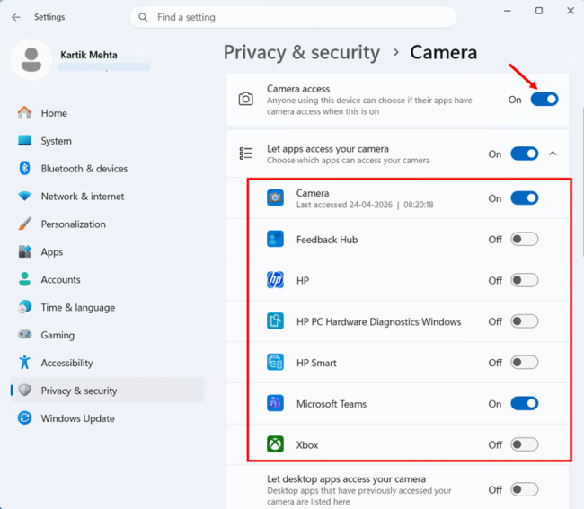 Restrict Camera Access in Windows 11 step 2 and 3