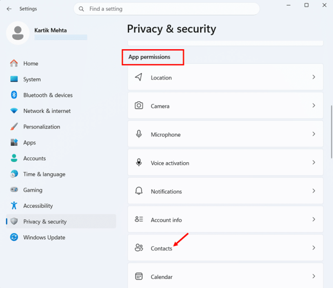 Restrict Contacts Access in Windows 11 step 1