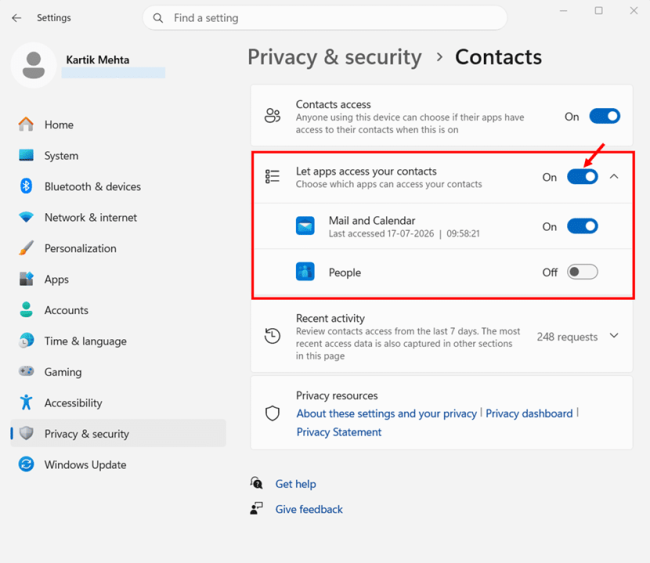 Restrict Contacts Access in Windows 11 step 2 and 3