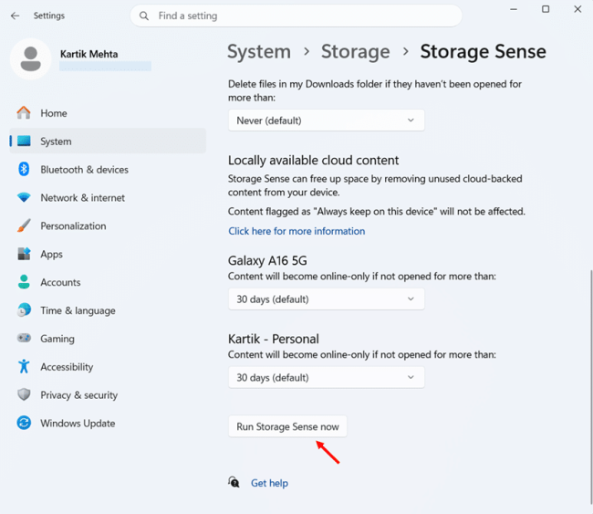 Run a Storage Sense cleanup right now step 2
