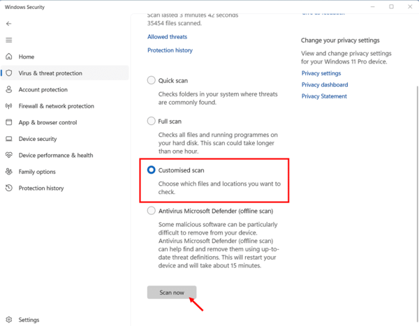Running a Custom Scan in Windows Defender Using Windows Security App step 3 and 4