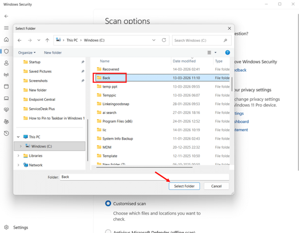Running a Custom Scan in Windows Defender Using Windows Security App step 5