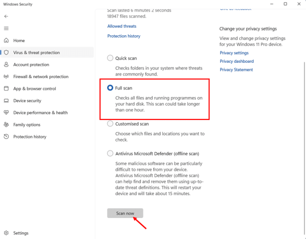 Running a Full Scan in Windows Defender Using Windows Security App step 3 and 4