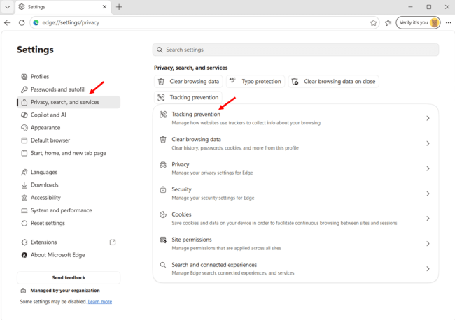 Set Tracking Prevention to Strict in Microsoft Edge step 2 and 3