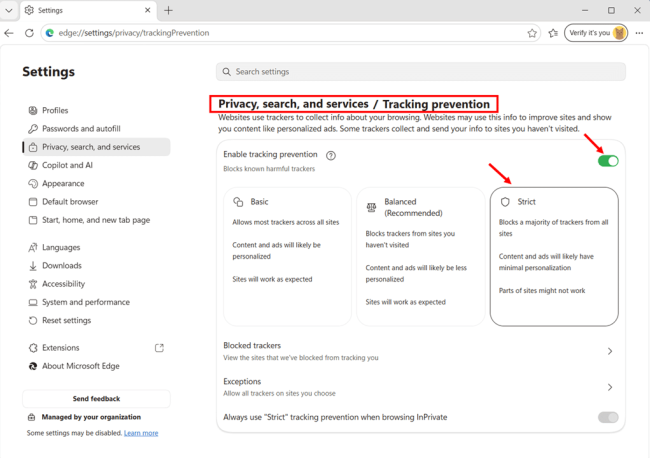 Set Tracking Prevention to Strict in Microsoft Edge step 4 and 5