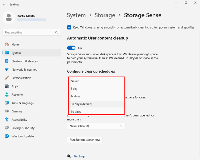 Setting Up Storage Sense for Automatic Cache Management in Windows 11 step 6