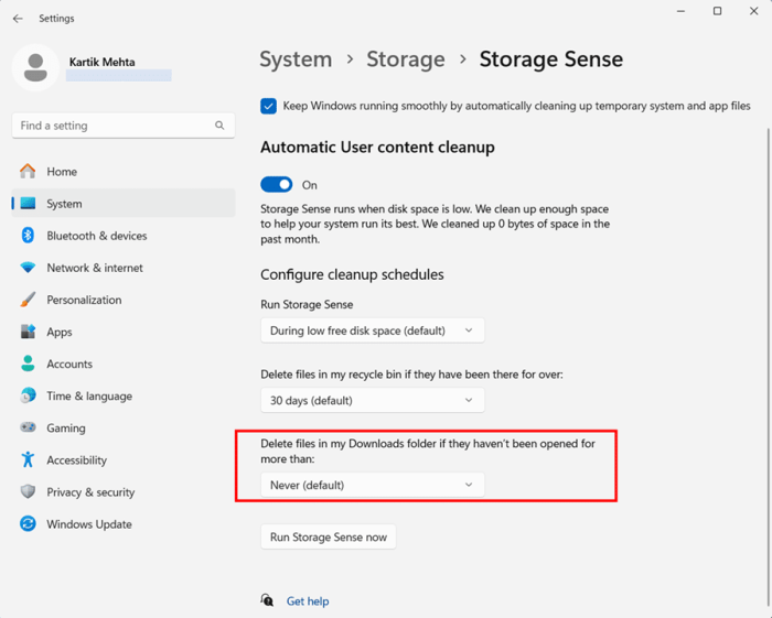 Setting Up Storage Sense for Automatic Cache Management in Windows 11 step 7