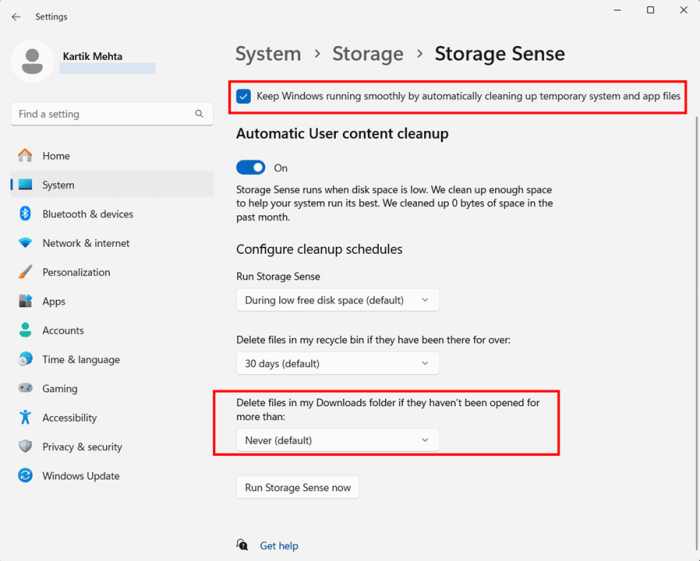 Setting Up Storage Sense for Automatic Cache Management in Windows 11 step 8