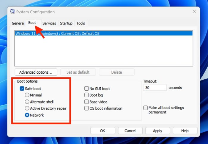 Start Windows 11 in Safe Mode using Microsoft System Configuration Utility step 2 and 3