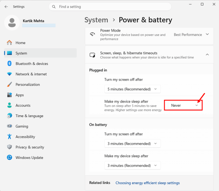 Stop Windows 11 from Sleeping Using the Settings App step 5