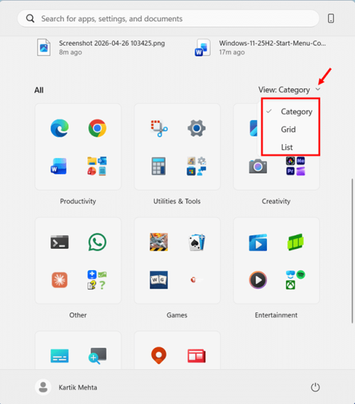 Switch Between All Apps Views in Windows 11 25H2 new Start Menu step 1 and 2