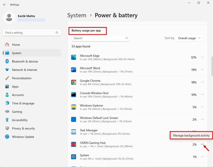 Turn Off Background Apps in Windows 11 using Power & Battery Settings step 5