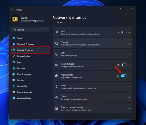 Turn On Bluetooth in Windows 11 from the Airplane Mode Settings step 3