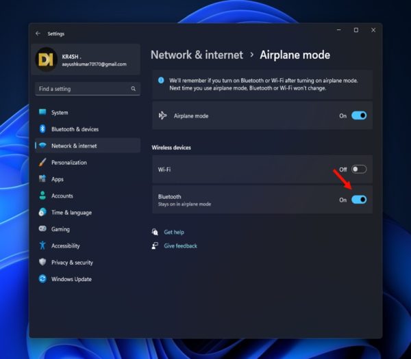 Turn On Bluetooth in Windows 11 from the Airplane Mode Settings step 4