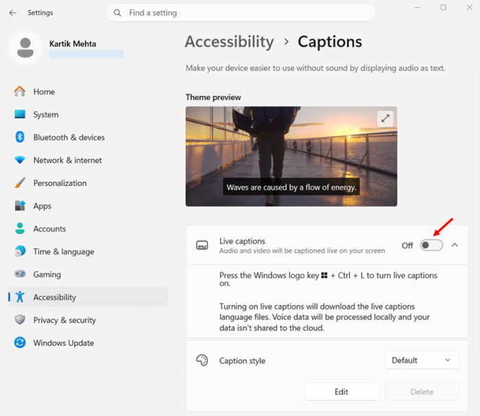 Turn On Live Captions Using the Settings App step 4