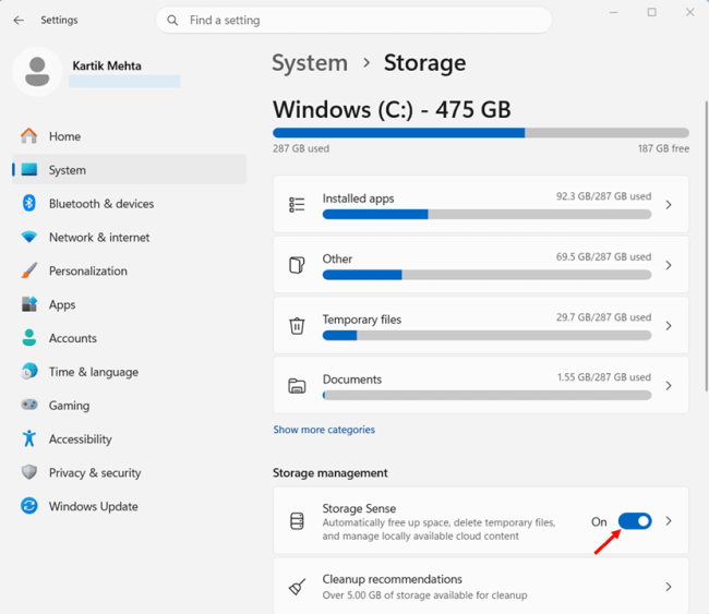 Turn Storage Sense on and set the schedule step 2