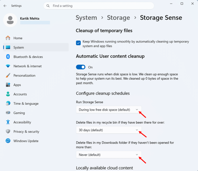 Turn Storage Sense on and set the schedule step 3 and 4