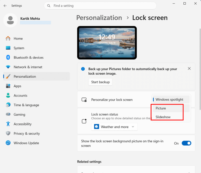 Turn off Lock screen Ads and tips step 2