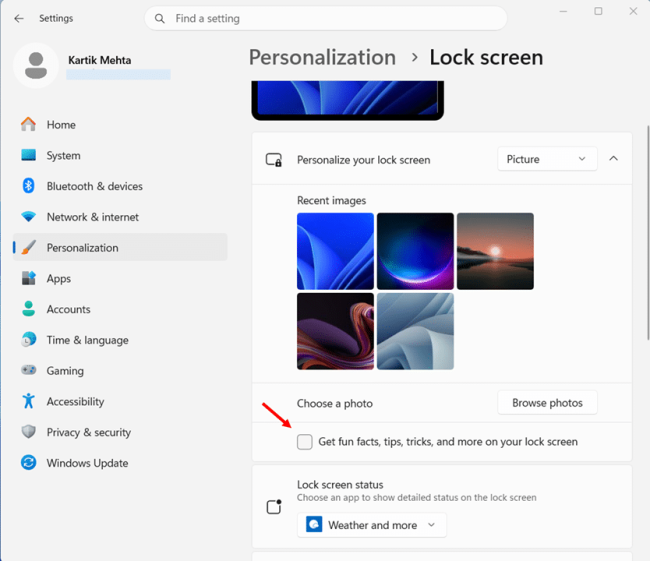 Turn off Lock screen Ads and tips step 3