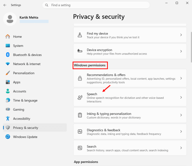 Turn off Online Speech Recognition in Windows 11 step 1 and 2