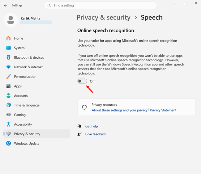 Turn off Online Speech Recognition in Windows 11 step 3