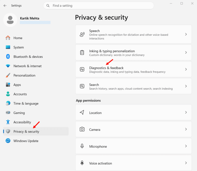 Turn off Optional Diagnostic Data in Windows 11 step 1