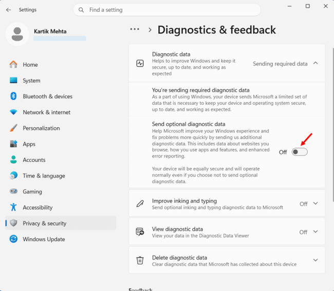 Turn off Optional Diagnostic Data in Windows 11 step 3