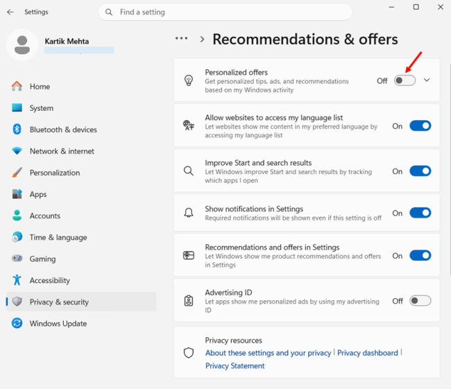Turn off Personalized Offers in Windows 11 step 2