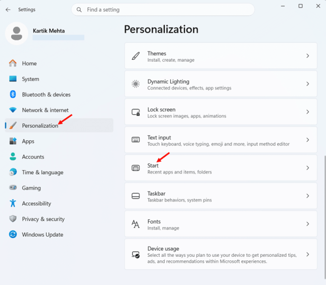 Turn off Recent Items Tracking and Start Menu Recommendations step 1