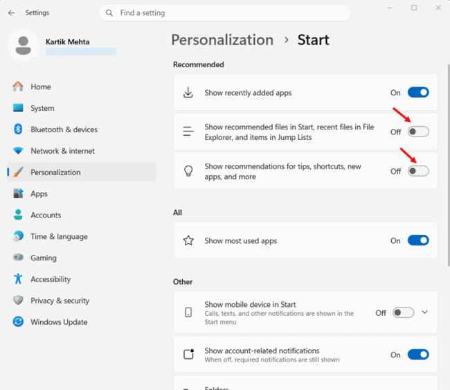 Turn off Recent Items Tracking and Start Menu Recommendations step 2 and 3