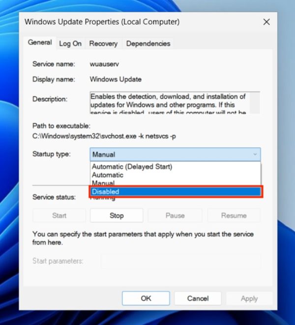 Turn off Windows Update Service to Stop Windows 11 update Step 3