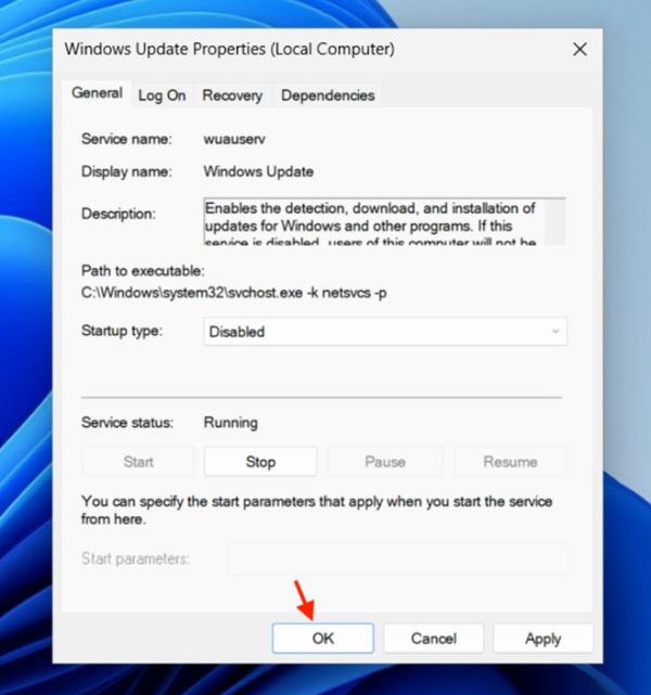 Turn off Windows Update Service to Stop Windows 11 update Step 4